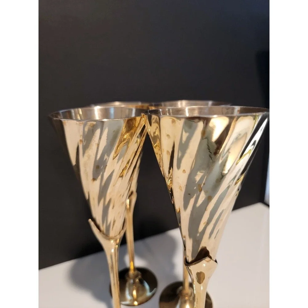 Vintage Brass Champagne Flutes Set of 4 Celebration Toasting New Year 